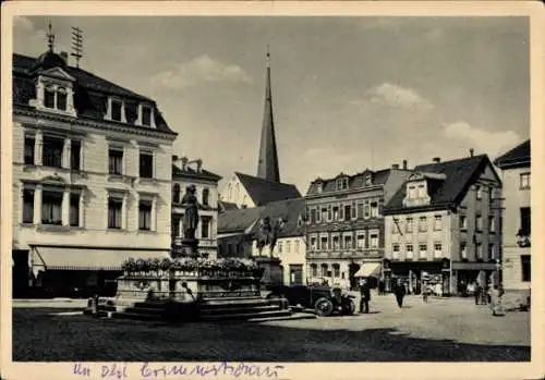 Ak Crimmitschau in Sachsen, Marktplatz mit Industria Brunnen, König Albert Denkmal