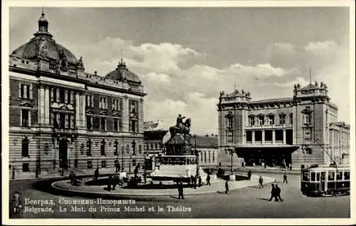 Ak Beograd Belgrad Serbien, Denkmal Prinz Michael, Theater, Straßenbahn