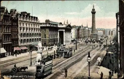 Ak Dublin Irland, Stadtansicht, O'Connell Street, Straßenbahn, Monument, Gebäude