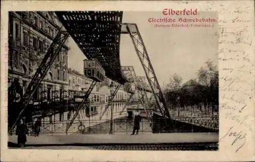 Ak Elberfeld Wuppertal, Elektrische Schwebebahn, Brücke, Wasser, historische Architektur