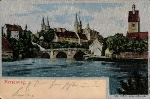 Ak Merseburg an der Saale,  Brücke, Schlösser, Fluss, Grünflächen