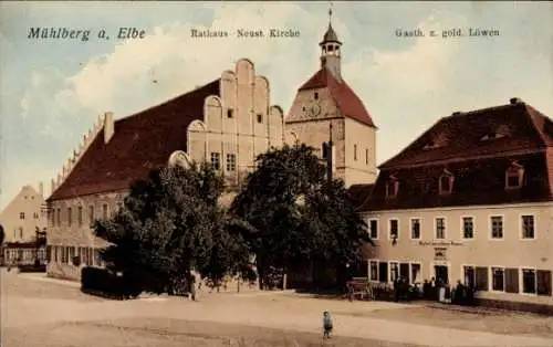 Ak Mühlberg an der Elbe, Rathaus, Neustadt, Kirche, Gasthof zum goldenen Löwen