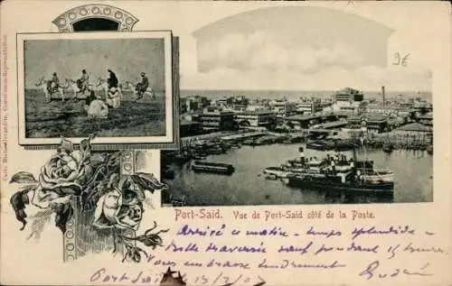 Ak Port Said Ägypten, Bild von  Hafen, Schiffe, Menschen auf Pferden