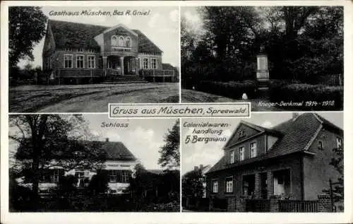 Ak Müschen Burg im Spreewald, Gasthaus Müschen, Schloss, Krieger-Denkmal, Geschäft H. Bergmann