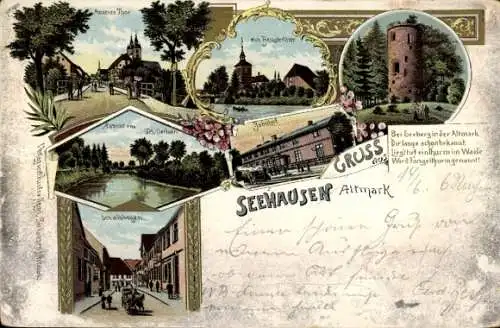 Ak Seehausen in der Altmark, Ansicht des Ortes, Landschaft mit Wasser, historische Gebäude, Türme