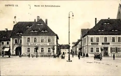 Ak Altstadt Ostritz in Sachsen, Markt mit Schmidtstraße, Gasthof zum Löwen, historische Gebäude