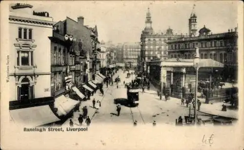 Ak Liverpool Merseyside England, Ranelagh Street, historische Stadtansicht, Menschen, Straßenbahn