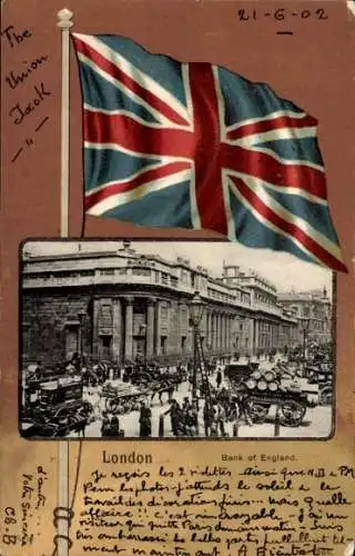 Ak London City England, Northumberland Avenue, Union Jack, Bank of England, alte Fahrzeuge, be...