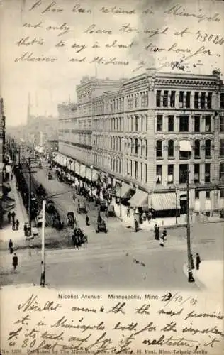 Ak Minneapolis Minnesota USA, Nicollet Avenue, historische Architektur, lebendige Straßenszene