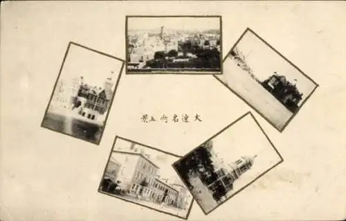 Ak Dalian Dairen China, Fünf Schwarz-Weiß-Bilder von  Stadtansichten, historische Gebäude