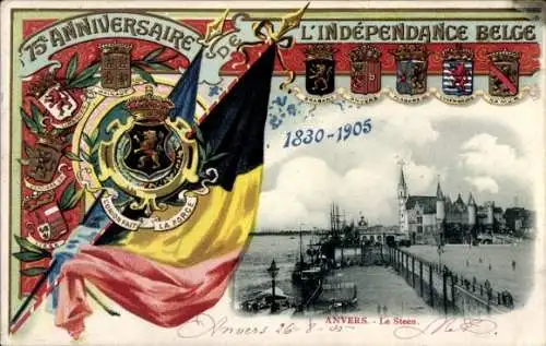 Ak Anvers Antwerpen Flandern, 75. Jubiläum der belgischen Unabhängigkeit, Flagge, Sehenswürdig...