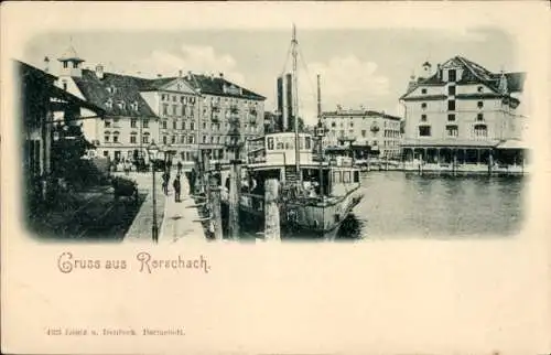 Ak Rorschach Kt. St. Gallen Schweiz, Fotoansicht des Hafens, Boote, alte Gebäude, Text: Gruss ...