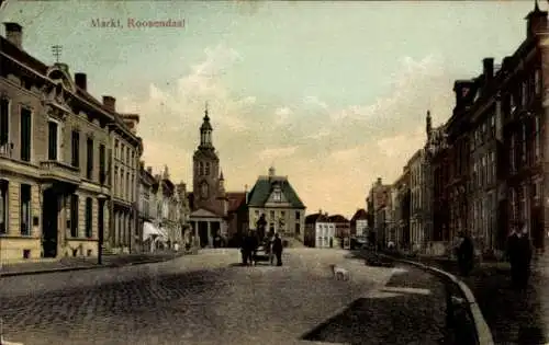 Ak Roosendaal Nordbrabant Niederlande, Markt,  altmodische Gebäude, Straße mit Kutsche