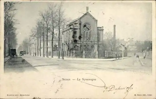 Ak Sedan Ardennes, La Synagoge, Straßenansicht, Bäume, Pferd, Wagen