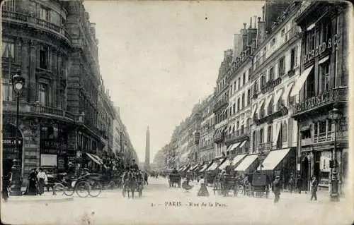 Ak Paris, Rue de la Paix, historische Gebäude, Pferdekutschen