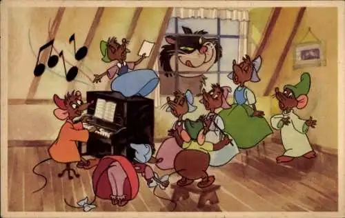 Ak Walt Disney, Comic, Musizierende Mäuse, Katze