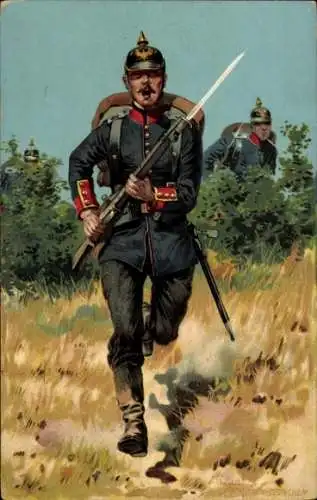 Künstler Litho Hoffmann, A., Deutscher Soldat, Garde Infanterie, Gewehr, Bajonett, Pickelhaube