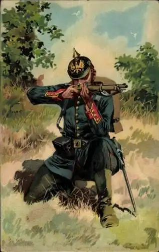 Künstler Litho Hoffmann, A., deutscher Soldat, Garde Jäger Regt. 7, Munitionsgürtel, Gewehr