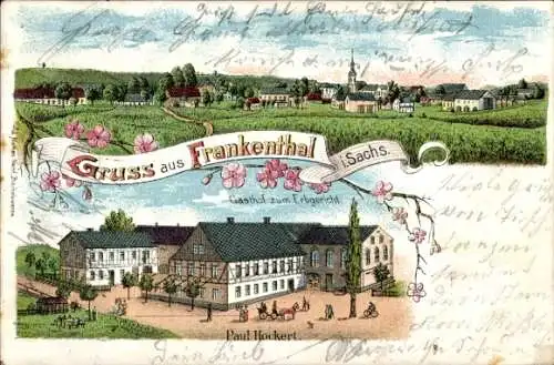 Litho Frankenthal in der Lausitz Sachsen, Gesamtansicht, Gasthof zum Erbgericht, Inh. Paul Hockert