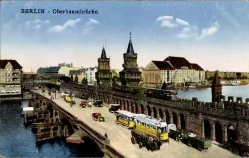 Ak Berlin Friedrichshain Kreuzberg, Oberbaumbrücke, Hochbahn, Straßenbahn