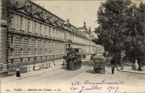 Ak Paris I Louvre, Ministiere des Colonies, Straßenbahn