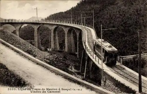 Ak Sospel Alpes Maritimes, Ligne du tram de Menton a Sospel, Viaduc du Caramel