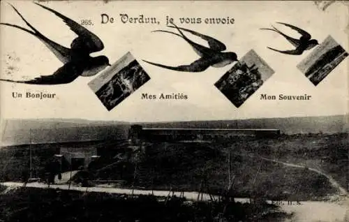 Ak Verdun Meuse, Fliegende Schwalben, Texte 'De Verdun...', 'Un Bonjour', 'Mes Amitiés', 'Mon ...