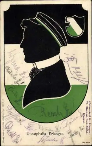 Studentika Ak Erlangen, Corps Guestphalia, Schattenbild eines Studenten, Wappen, RSC