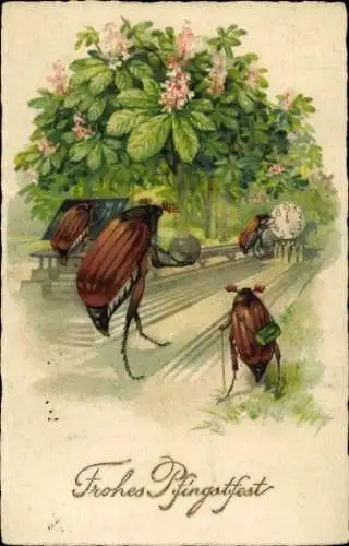Ak Glückwunsch Pfingsten, Maikäfer, Uhr, Blühender Baum