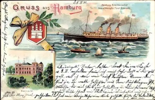 Wappen Litho Hamburg, Seewarte, Dampfer Fürst Bismarck, HAPAG