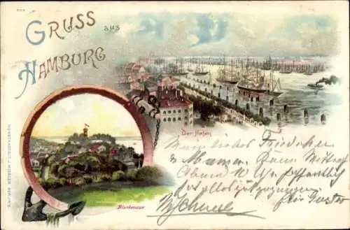 Litho Hamburg Altona Blankenese, Hafen, Stadtansicht