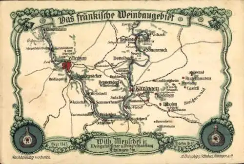 Landkarten Ak Kitzingen, Das fränkische Weinbaugebiet, Weingut Wilh. Meuschel, Würzburg, Dettelbach