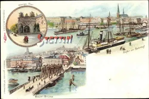 Litho Szczecin Stettin Pommern, Königstor, Baumbrücke, Hafen am Bahnhof