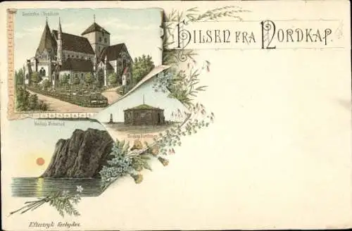 Litho Hornvika Nordkap Norwegen, Gesamtansicht, Felsen, Kirche