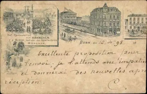 Litho Bonn am Rhein, Hotel-Restauration zum Hähnchen