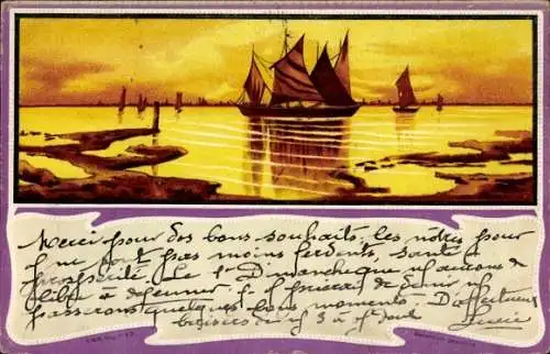 Ak Kitsch, Segelpartie, Segelboote, Abendstimmung