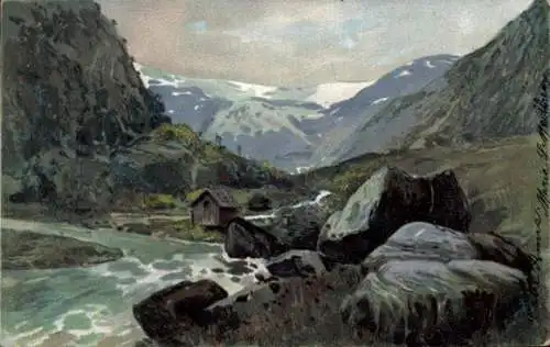 Litho Berglandschaft, Gebirge, Fluss, Haus