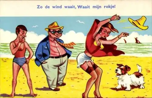 Künstler Ak Zo de wind waait, Waait mijn rokje, Humor