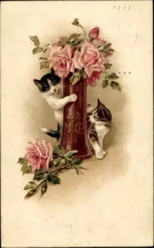 Litho Zwei Katzen, Rosen