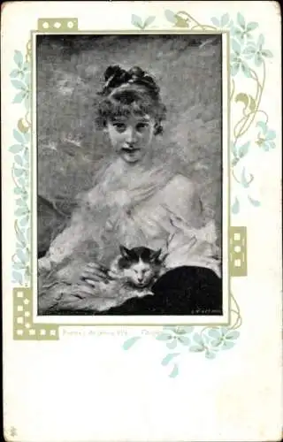 Passepartout Ak Mädchen mit Katze, Portrait