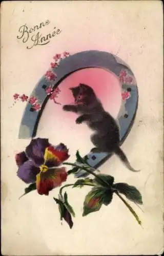 Ak Glückwunsch Neujahr, Katze, Hufeisen