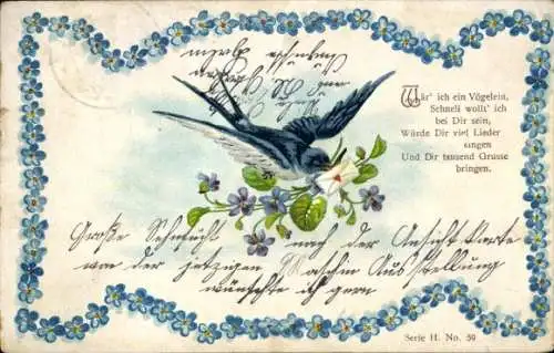 Litho Schwalbe mit Brief, Veilchen, Vergissmeinnicht