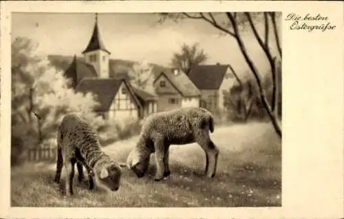 Ak Glückwunsch Ostern, Lämmer, Wiese, Häuser