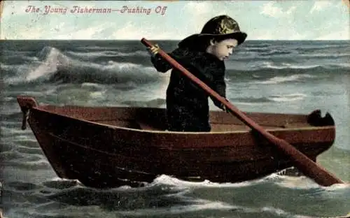Ak Junge im Ruderboot, Der junge Fischer