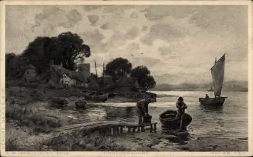 Künstler Ak Haslehust, E. W., Menschen am Ufer, Ruderboot, Segelboot