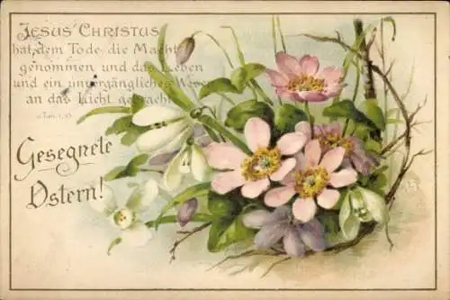 Ak Glückwunsch Ostern, Blumenstrauß, Bibelzitat, Jesus Christus hat dem Tode die Macht genommen