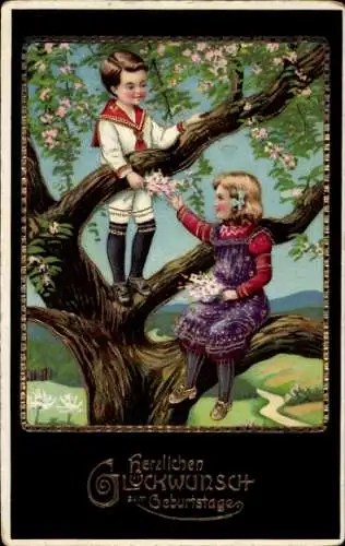 Ak Glückwunsch Geburtstag, Kinder am blühenden Baum