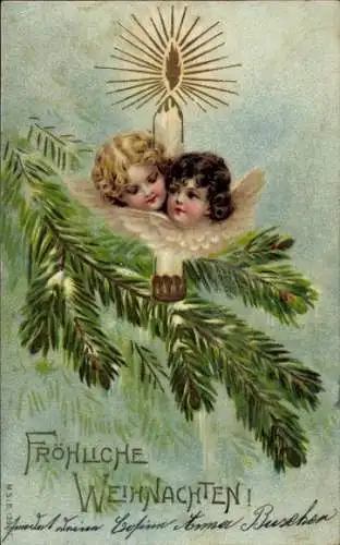 Präge Ak Frohe Weihnachten, Zwei Engel mit Kerze, Tannenzweige