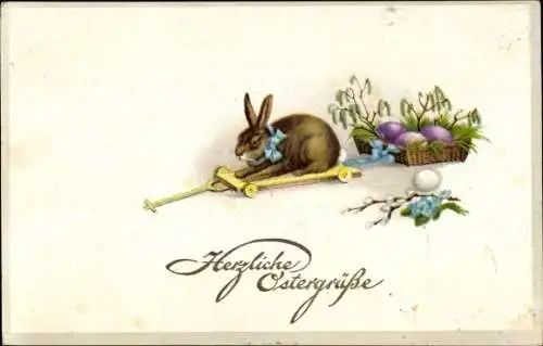Ak Frohe Ostern, Osterhase auf einem Handwagen, Korb mit Ostereiern