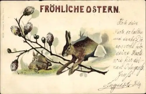 Litho Frohe Ostern, Osterhasen, Weidenkätzchen